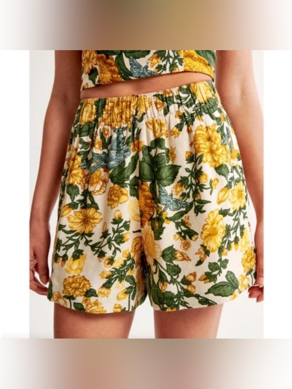 Abercrombie & Fitch Floral Linen Blend Shorts in Mustard & Forest Green